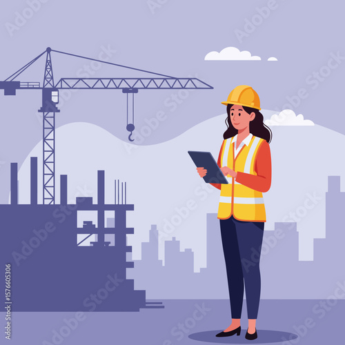A diligent female construction engineer in a hard hat and safety vest reviews plans on a tablet at an active urban building site.
