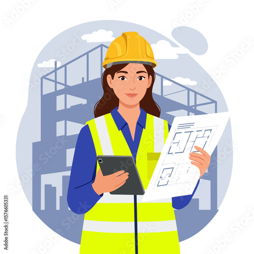A female construction worker wearing a hard hat and safety vest reviews blueprints on a construction site, using a tablet for reference and project oversight.