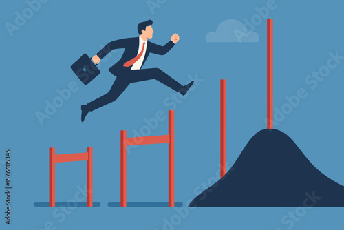 Business challenge, overcoming difficulty or obstacle to achieve success. Concept of effort, skill, and aspiration to solve problems. Ambitious businessman jumping over hurdles.