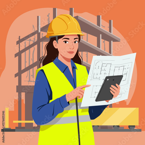Female engineer or architect in safety gear examines construction plans and tablet against a building site background.