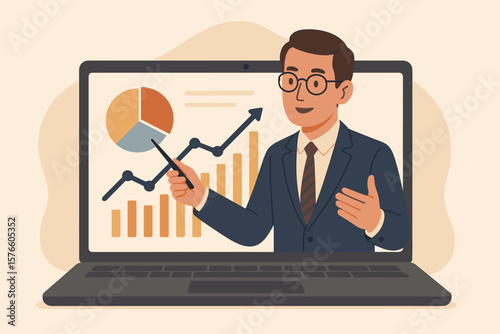 Business consultant giving online presentation or conference call. Financial advisor showing strategy and data analysis. Expertise with charts on computer screen. Growth concept.