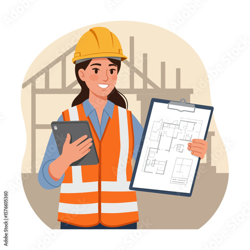 A smiling female engineer in a hard hat and safety vest holds a digital tablet and building blueprints at a construction site.