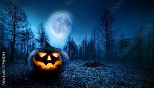 spooky pumpkin glowing in the dark forest under crescent moon during halloween night