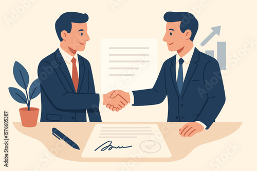 Business partners shaking hands after signing a contract. Concept of a successful deal, agreement, collaboration, and negotiation. Executive handshake celebrating partnership.