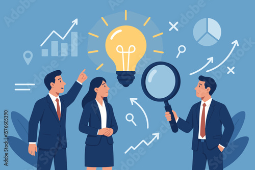 Business insights intelligence for competitive advantage to win competition. Teamwork discovers business solution with lightbulb idea. People with magnifying glass for analysis.