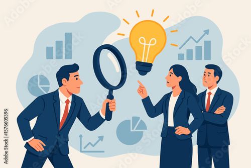 Business intelligence and insights for competitive advantage. Team discovers solutions and strategy with data analysis. Concept for innovation, growth, and market research.