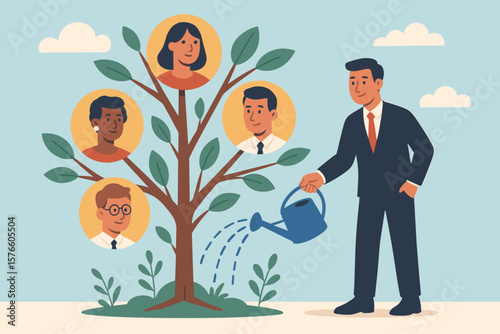Career growth metaphor with HR manager watering employee talent tree. Human resources, people management, organizational development, investment in staff, and team support concept.
