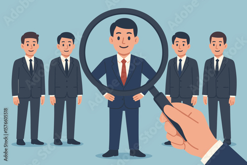 Chosen candidate for a new job. HR human resources concept. Hire outstanding applicant. Employment and recruitment agency metaphor. Headhunting with a magnifying glass.