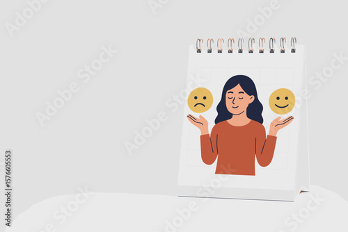 Emotional intelligence, mental health concept. Woman on calendar balances mood. Happy sad emoji. Psychology, self awareness, emotion control, mood disorder, therapy, wellness.