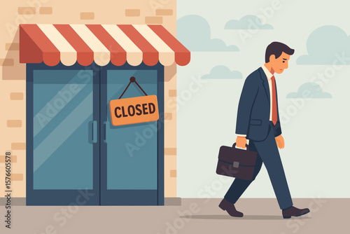 Sad businessman leaving his closed store. Concept of business closure, going out of business, bankruptcy. Economic crisis, recession, financial problems and job loss.