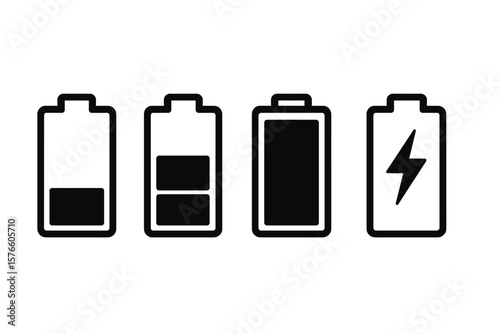 Battery charge level indicator icon set. Low, medium, full power status symbols. Mobile phone UI element. Energy loading process. Smartphone interface sign. Vector graphic.
