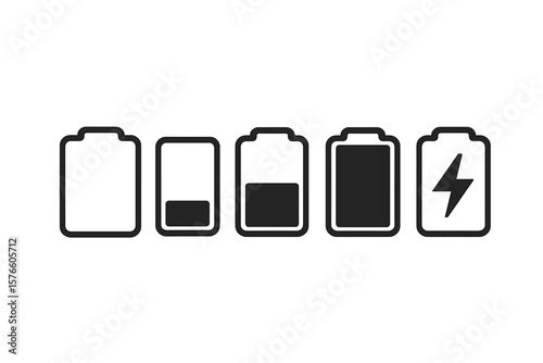 Battery charge level indicator icon set for app UI design. Collection of signs for power status. Empty, low, medium, full, and charging battery symbol for mobile device.