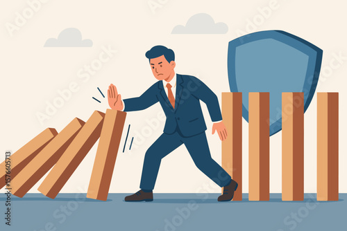 Businessman stopping domino effect. Control risk in investment crisis. Failure prevention. Protection, solution to solve problem. Stop uncertainty. Insurance metaphor concept.