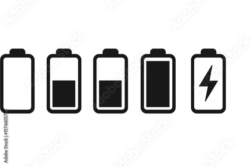 Battery charge level indicator icon set. Mobile app UI element. Power status bar symbol collection with empty, low, medium, full, half and charging signs. Vector energy load.