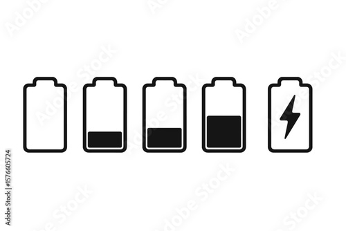 Battery charge level indicator icon set. Status symbols for phone UI design. Includes full, low, empty, and charging signs. Power percentage from 0 to 100. Vector element.