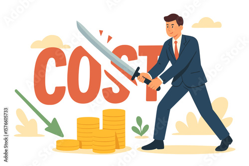Cost saving idea for financial profit. Business expense reduction and budget management. Smart businessman cutting costs with a sword. Accounting optimization metaphor vector.