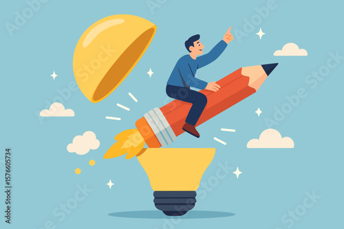 Man on pencil rocket launching from lightbulb. Creativity, a new idea. Imagination and invention. Inspiration for education and genius ideas. Writing content, creative thinking.