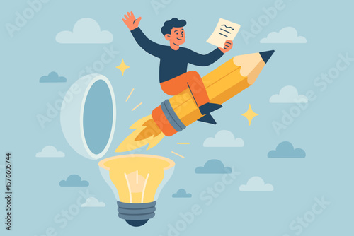 Creativity to create new idea, imagination or invention. Man on pencil rocket from lightbulb. Inspiration for education, genius idea, writing content, boost creative thinking.