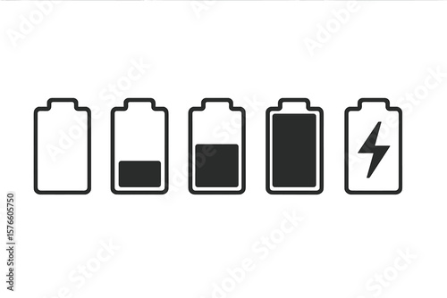 Battery charge level indicator icon set. Collection of status signs for UI app design. Empty, low, medium, full power, and charging symbols. Energy level vector graphic.
