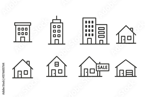 Real Estate and Office Building Line Icons Set. Modern Simple Outline Vector Illustrations of Apartments, Houses, Skyscrapers, Home for Sale, Garage, Urban Architecture, Property Business