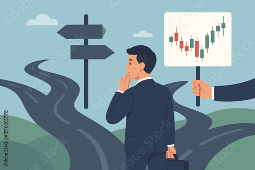 Business decision making concept. Career path choice and investment strategy. Businessman at crossroads seeks direction for success. Financial advice with stock market chart.