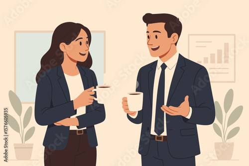 Coffee break business discussion. Businessman and businesswoman colleagues brainstorming. Office communication and teamwork concept. Corporate people talking and drinking hot drink.