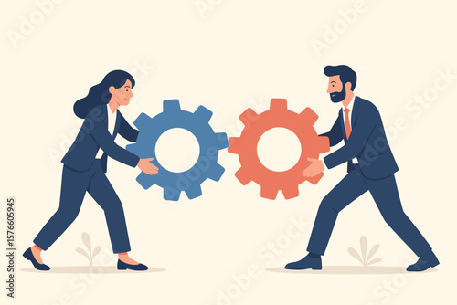 Business collaboration and teamwork concept. Man and woman working together, connecting gear cogs. Metaphor for partnership, synergy, and problem-solving for success.