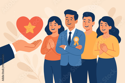 Employee appreciation and recognition award concept. Manager giving heart to best staff for performance. Business team gratitude, support, and motivation. Job success celebration.