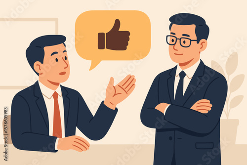 Positive feedback concept. Employee performance review. Customer satisfaction. Thumbs up approval. Business communication. Constructive discussion. Good idea and opinion for improvement.