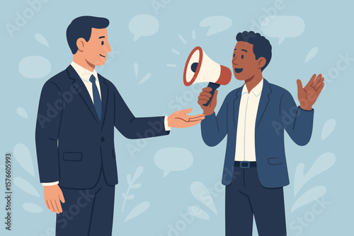 Encourage employee voice, advocacy and support for opinions. Manager listening to staff ideas for contribution. Business communication and encouragement vector concept.