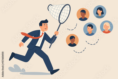 Businessman Recruiting New Clients or Employees, Lead Generation, HR Hiring, Marketing Prospecting, Human Resources Search, Candidate Acquisition, Customer Outreach, Networking Concept