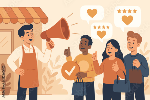 Customer loyalty and retention marketing strategy. Store owner with megaphone announcing promotions to happy clients. CRM concept to increase sales and get positive feedback.