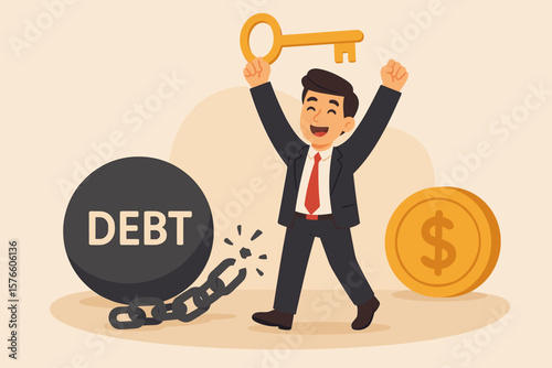 Debt free concept. Financial freedom metaphor. Businessman breaking chains to pay off loan, mortgage. Solution for financial problem. Savings, investment for success. Man with key.