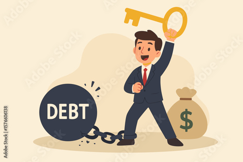 Financial freedom metaphor. Businessman character breaking chain from debt ball. Pay off loan or mortgage. Key to success. Solve financial problem. Savings or investment.