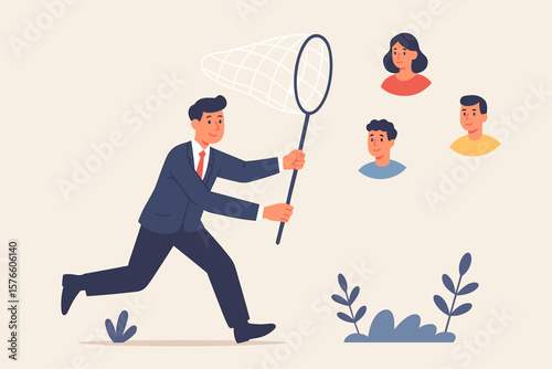 Businessman Recruiting New Clients or Candidates, Lead Generation, HR Hiring, Marketing Prospecting, Human Resources Search, Job Vacancy, Customer Acquisition, Employee Recruitment Concept