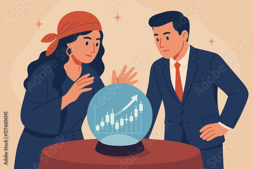 Forecast prediction metaphor. Fortune teller with crystal ball. Businessman looks at stock market growth chart. Investment opportunity. Economic direction. Business vision concept.