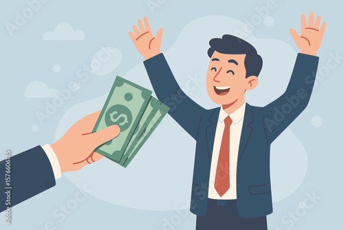Happy businessman getting paid. Salary or wage payment. Employee receiving bonus or reward for success. Financial benefits concept. Investment profit or tax refund. Payday.