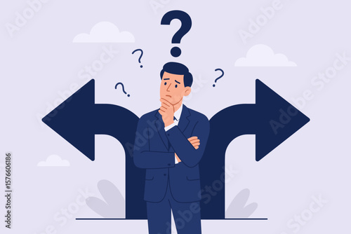 Businessman at crossroads making a difficult choice. Concept of career path decision, uncertainty, and business strategy. Metaphor for dilemma, confusion, and opportunity.