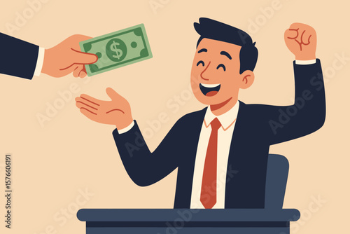 Happy businessman getting paid salary or bonus. Employee receiving wages, reward for success or financial benefits. Investment profit, tax refund or loan payment concept.