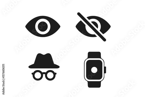 Eye Icon Set – Show and Hide Symbols, Incognito Mode, Smartwatch Interface, App and Website UI, Privacy, Security, Vector Illustration, Transparent Background