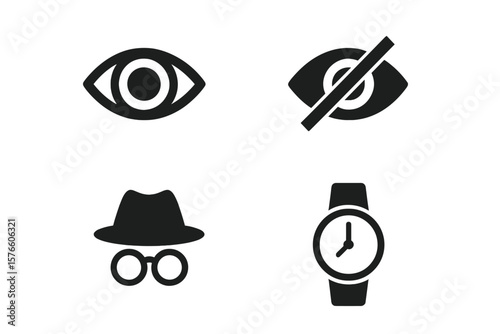 Eye Show and Hide Icons, Incognito Mode, Watch Symbol. Vector Set for App, Website UI. Privacy, Security, Visibility, Time Concept. Modern Flat Design, Transparent Background