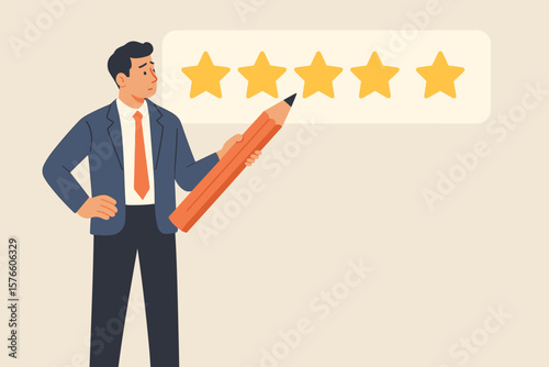 Evaluation or satisfaction feedback concept. Performance rating or customer review. Man giving stars for quality result. Rate the service. Thoughtful businessman choice.