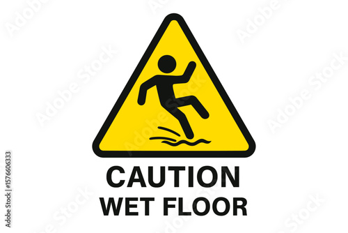 Caution Wet Floor Sign Vector. Slippery Surface Warning. Falling Person Pictogram. Yellow Triangle Safety Icon. Hazard Alert Symbol. Workplace Accident Prevention. Transparent Background Illustration
