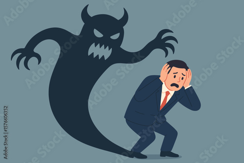 Businessman afraid of his shadow turning into a monster. Metaphor for fear, anxiety, panic attack, depression, imposter syndrome, paranoia, stress and other mental disorders.