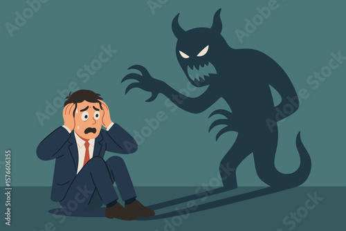 Fear, anxiety, panic attack concept. Businessman scared of his shadow turning into a monster. Inner demon metaphor. Psychology, mental health, depression, stress, phobia.