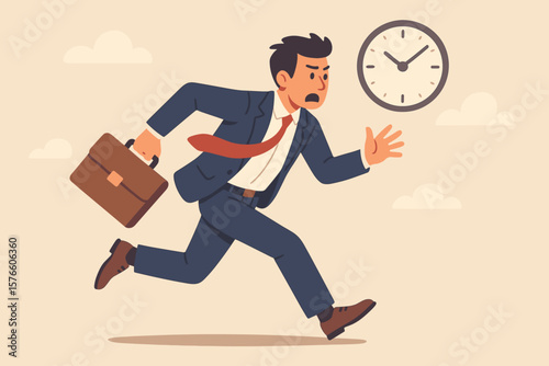 Businessman running late for work. Rushing to meet a deadline. Time pressure and stress concept. Urgent job challenge. Fast worker hurry. Frustrated man with briefcase.