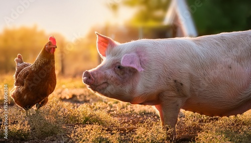 a whimsical image highlighting the cuteness of a pig and hen on a sunny farm