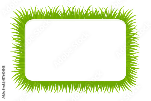 Green grass border frame. Spring summer lawn. Natural eco plant background. Easter decoration. Vector illustration with copy space for text. Isolated on transparent background