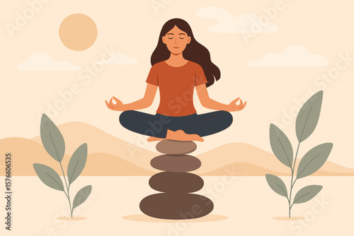 Mindfulness meditation for work-life balance and mental health healing. A calm woman practicing relaxing yoga to enjoy freedom, peace, and solitude. Zen harmony concept.