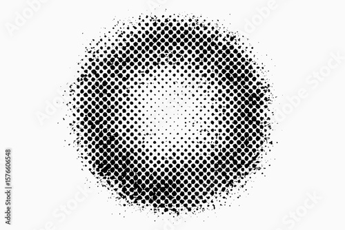 Grunge Halftone Dotted Circle. Abstract Circular Dot Pattern. Distressed Ink Stain Texture. Vintage Pop Art Effect. Retro Comic Style Background. Vector Illustration